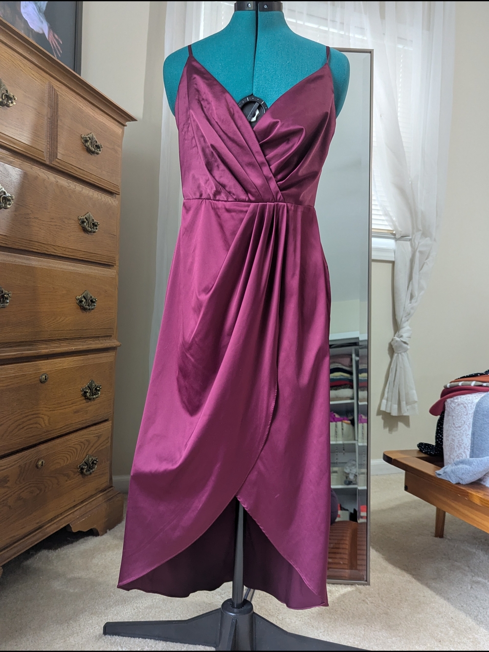 Burgundy Red Satin Wrap Midi Dress with Spaghetti Straps - Women's